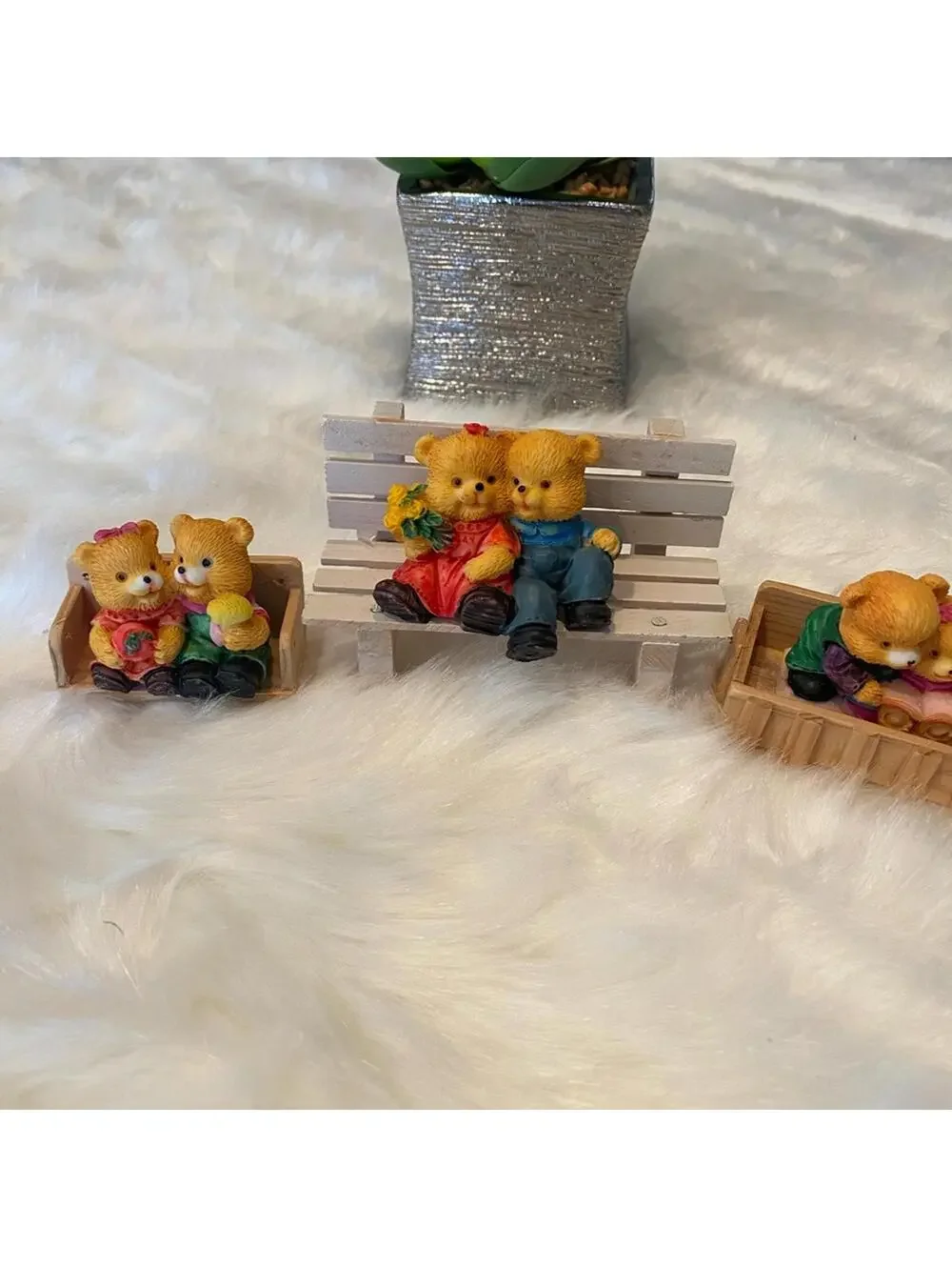 Miniature Bear Figurines on Benches - Set of 3